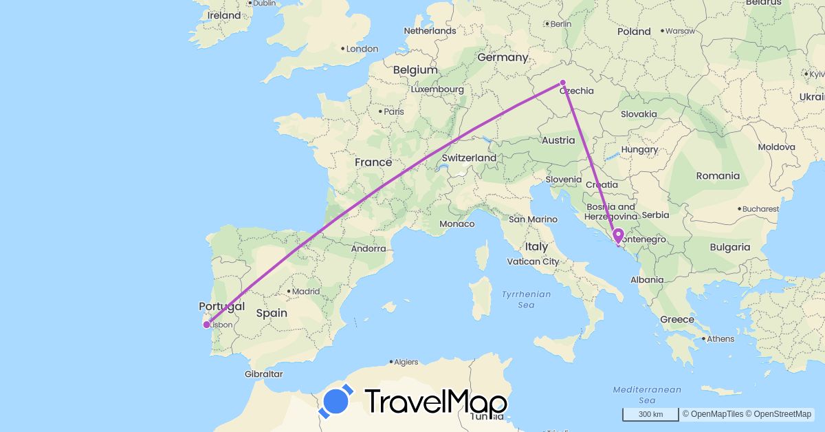 TravelMap itinerary: train in Czech Republic, Croatia, Portugal (Europe)